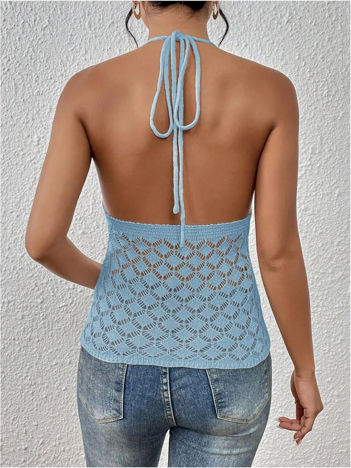 SOLY HUX Women's Crochet Tie Front Halter Neck Crop Camisole Top Swimsuit Cover Up Beachwear