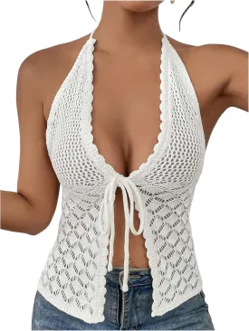 SOLY HUX Women's Crochet Tie Front Halter Neck Crop Camisole Top Swimsuit Cover Up Beachwear