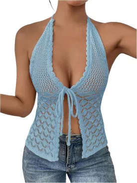 SOLY HUX Women's Crochet Tie Front Halter Neck Crop Camisole Top Swimsuit Cover Up Beachwear