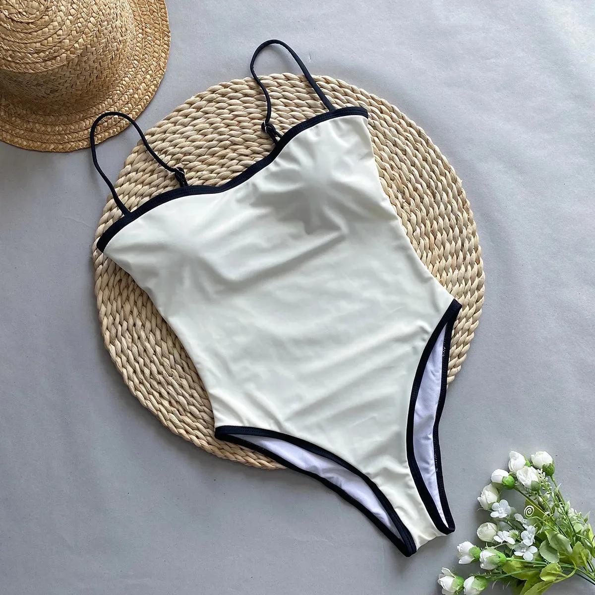 Spring/Summer Contrast Binding One-Piece Swimsuit