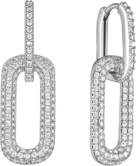 SWEETV 14K Gold Convertible Paperclip Earrings for Women, Cubic Zirconia Dainty Link Huggie Hoop Earrings, Frame Drop Dangle Earrings
