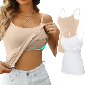 V FOR CITY Women's Shelf Bra Camisole Tops Adjustable Spaghetti Strap Cami Tank Cotton Undershirts 2 Pack