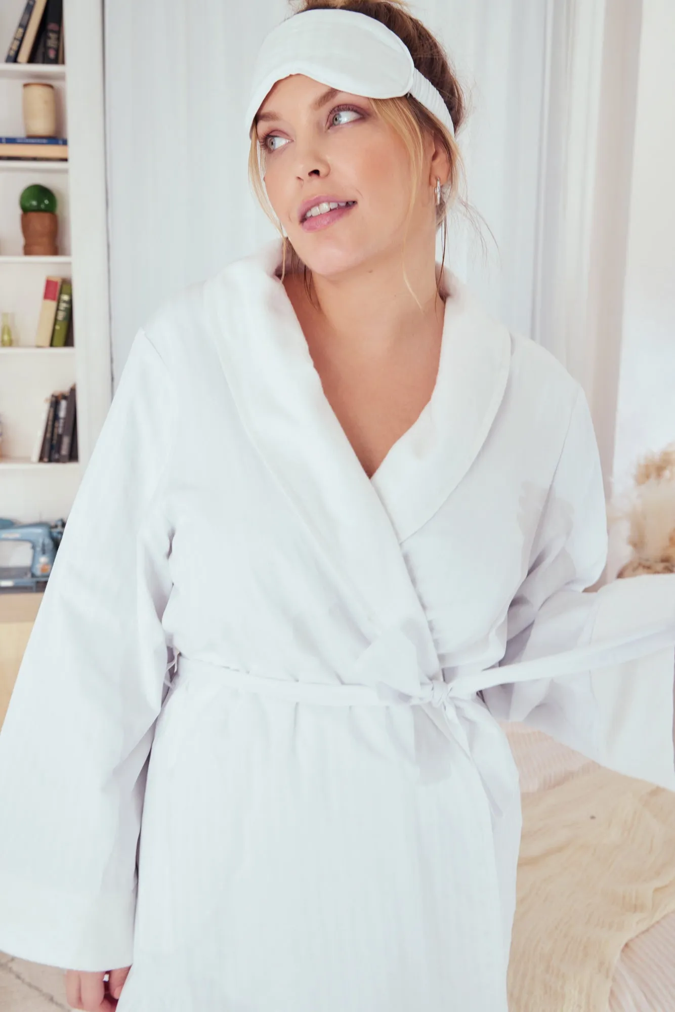 White 3D Stripe French Terry Lined Robe