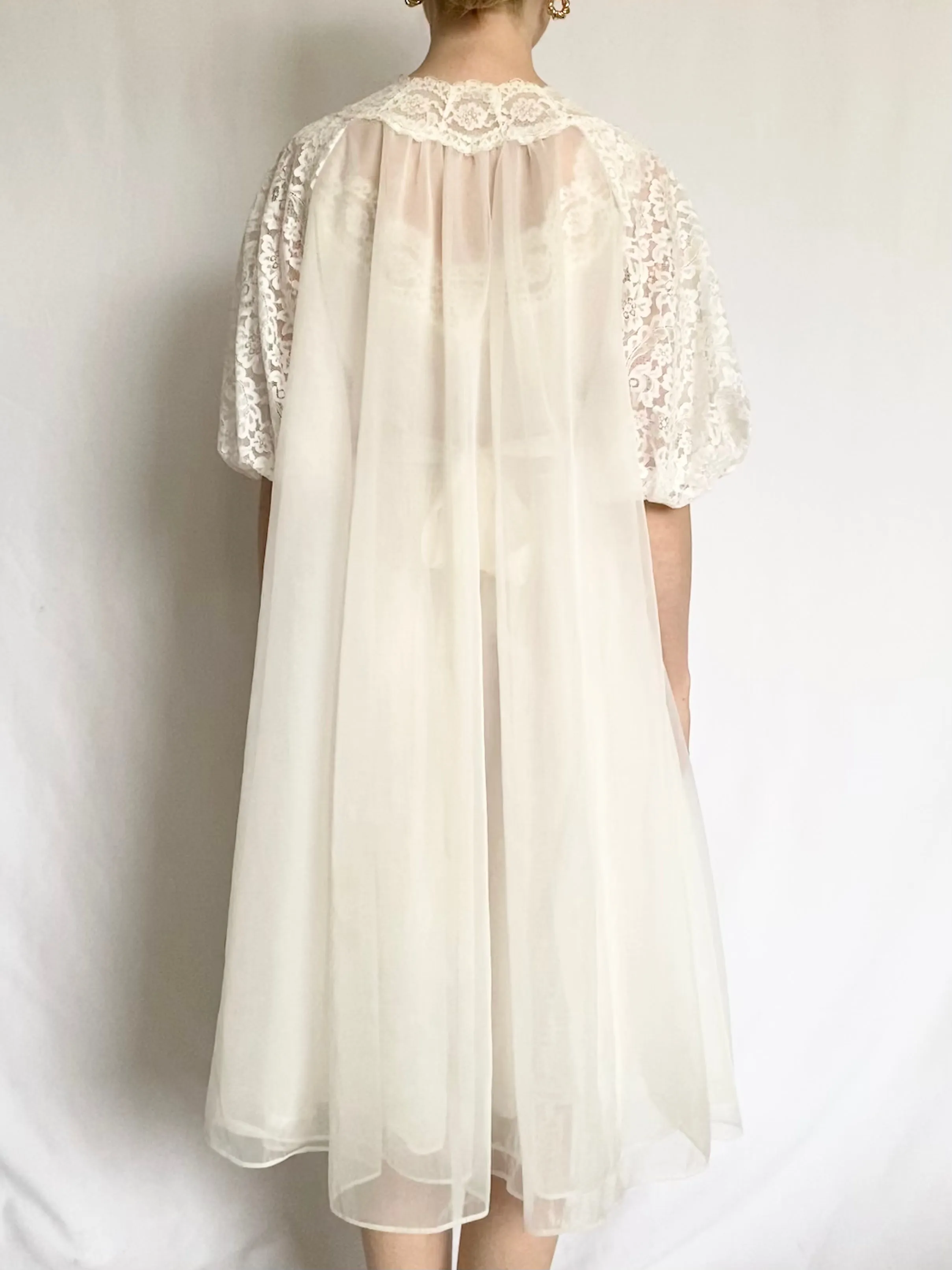 White Lace Trim 50s Peignoir and Nightgown Set (S-M)