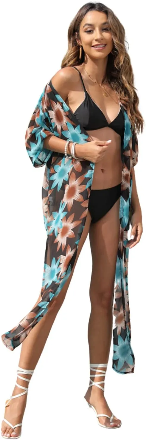 Women Chiffon Summer Beach Bikini Kimono Bathing Suit Cover Ups Robe Loose Geometry Print Floral Duster for Swimwear