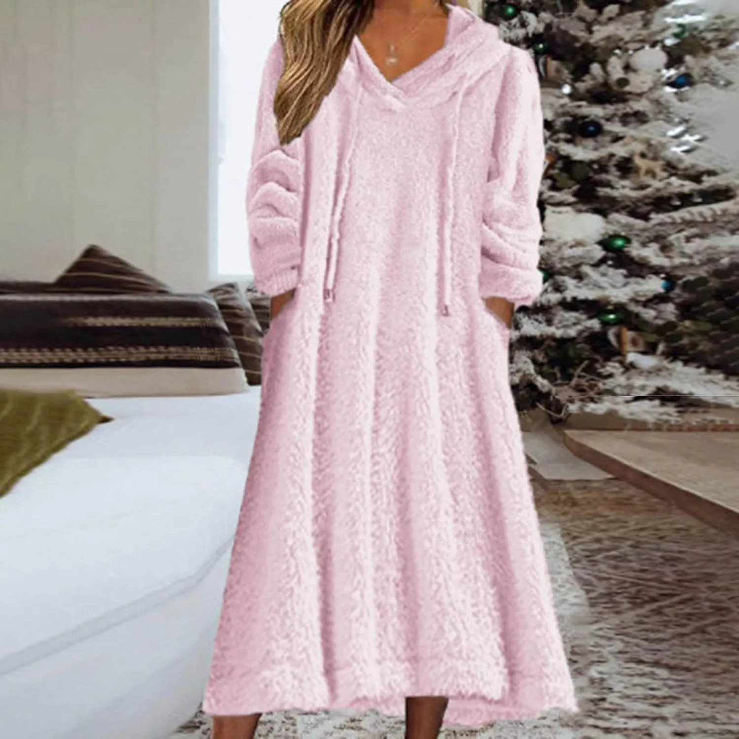 Women Fuzzy Fleece Hoodie Night Dress Casual Long Sleeve Hooded House Coat Sleepwear Flannel Nightgowns with Pockets