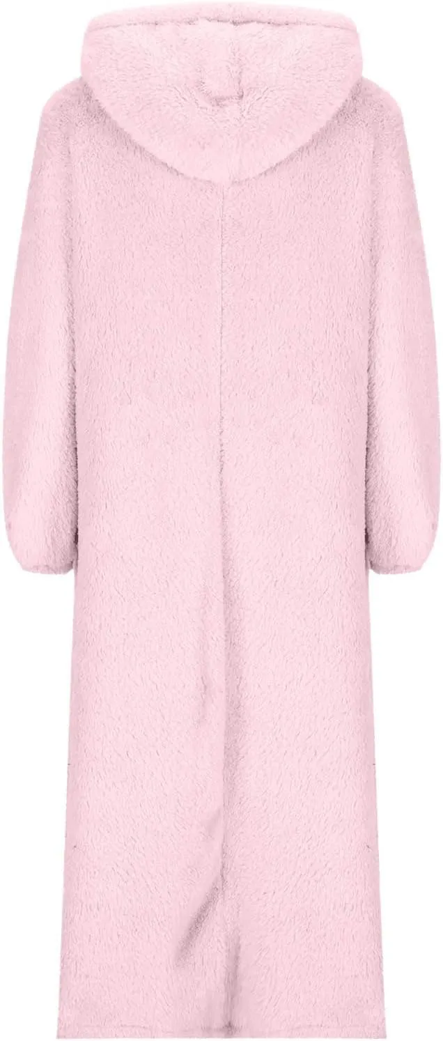 Women Fuzzy Fleece Hoodie Night Dress Casual Long Sleeve Hooded House Coat Sleepwear Flannel Nightgowns with Pockets