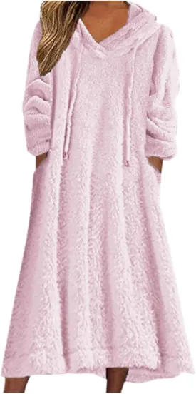 Women Fuzzy Fleece Hoodie Night Dress Casual Long Sleeve Hooded House Coat Sleepwear Flannel Nightgowns with Pockets