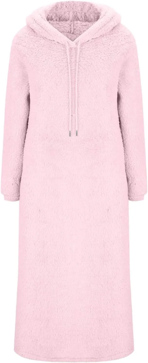 Women Fuzzy Fleece Hoodie Night Dress Casual Long Sleeve Hooded House Coat Sleepwear Flannel Nightgowns with Pockets
