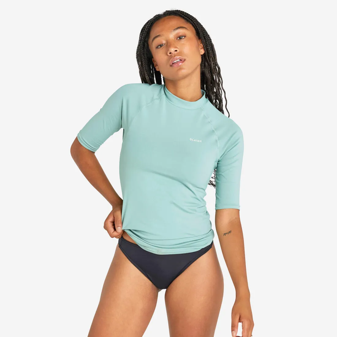 Women's anti-UV short-sleeve surf top T-shirt 100 - dusty
