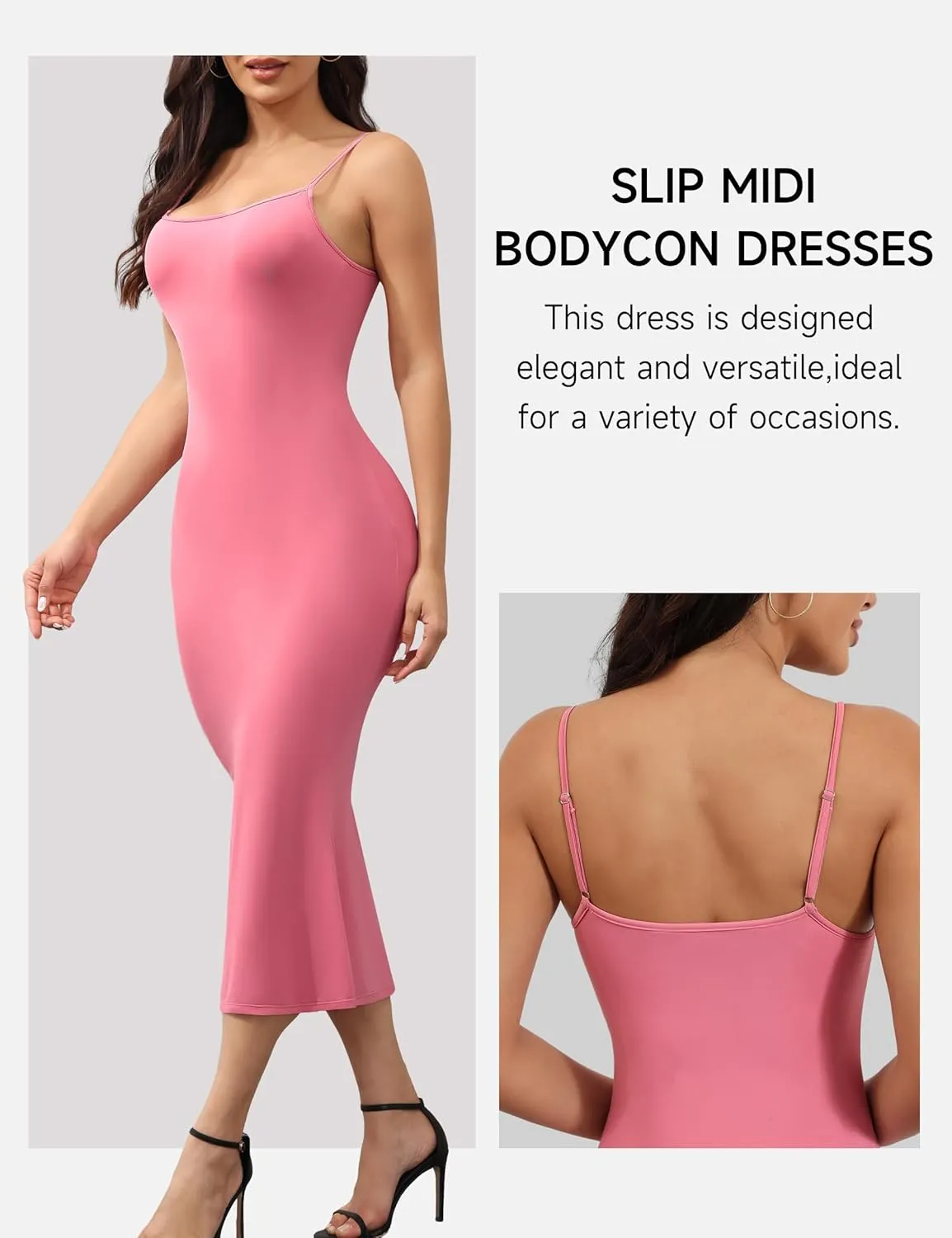 Women's Bodycon Dresses Built in Bra and Bodysuit Sexy Slip Midi Dress Spaghetti Strap Dresses Party Club Summer