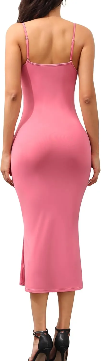Women's Bodycon Dresses Built in Bra and Bodysuit Sexy Slip Midi Dress Spaghetti Strap Dresses Party Club Summer