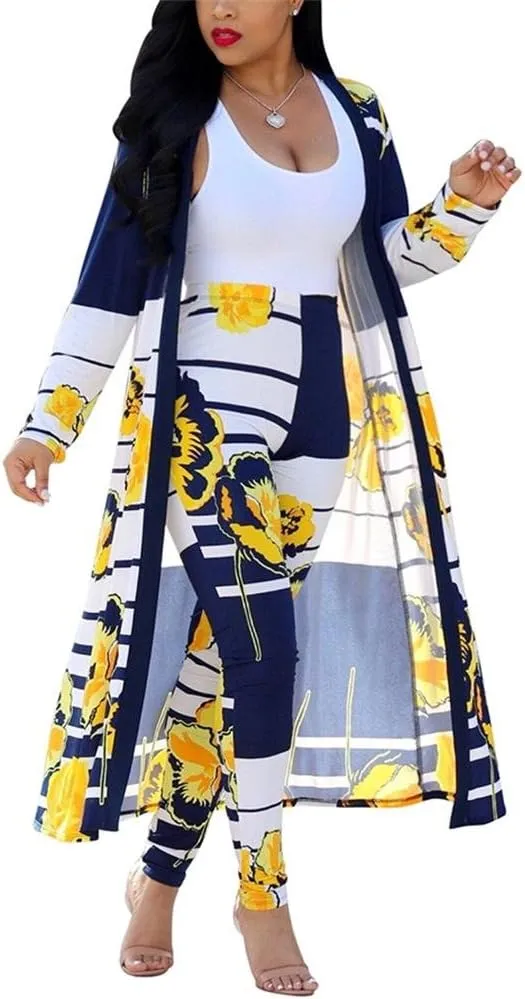 Womens Floral Print Long Sleeve Cardigan Cover up Long Pants 2 Piece Outfits Set