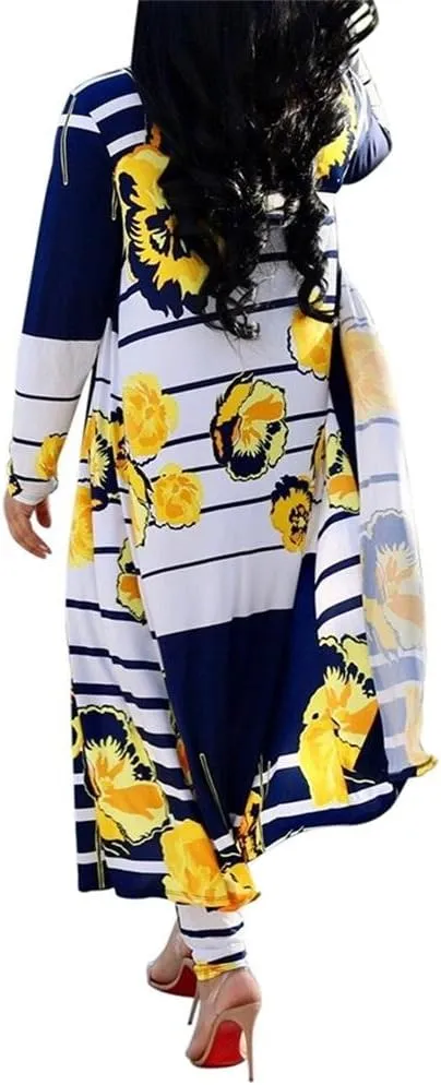 Womens Floral Print Long Sleeve Cardigan Cover up Long Pants 2 Piece Outfits Set