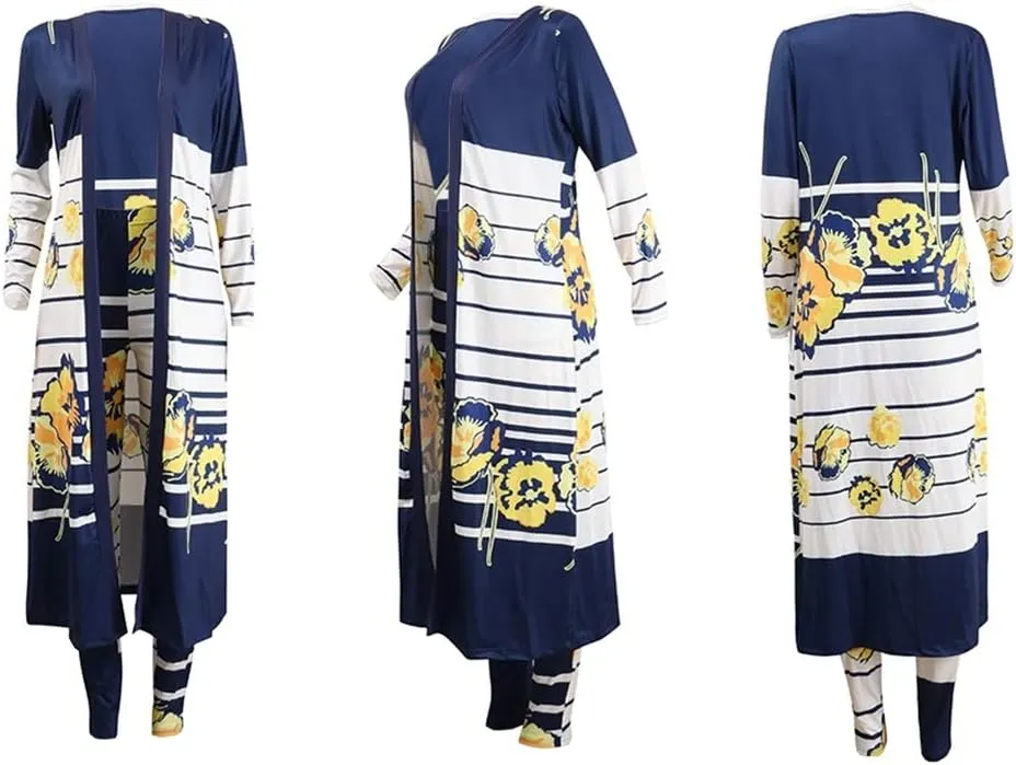 Womens Floral Print Long Sleeve Cardigan Cover up Long Pants 2 Piece Outfits Set