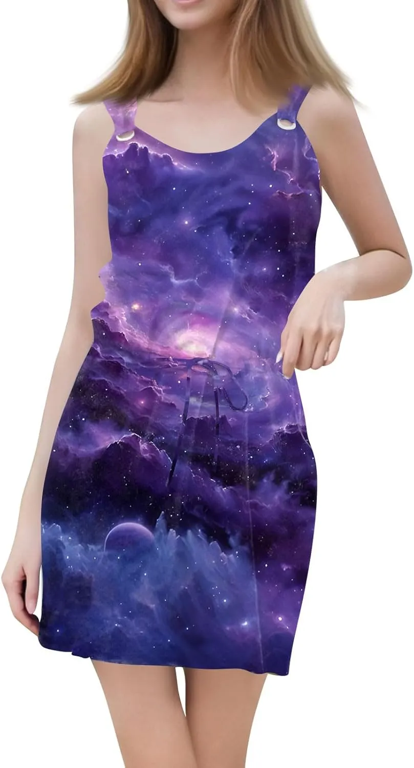 Women's Print Sleeveless Summer Dress with Adjustable Waist Tie Casual Loose Fit for Beach or Party Wear