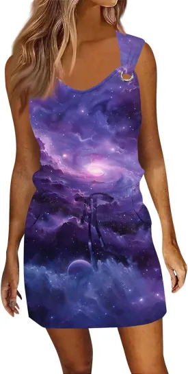 Women's Print Sleeveless Summer Dress with Adjustable Waist Tie Casual Loose Fit for Beach or Party Wear