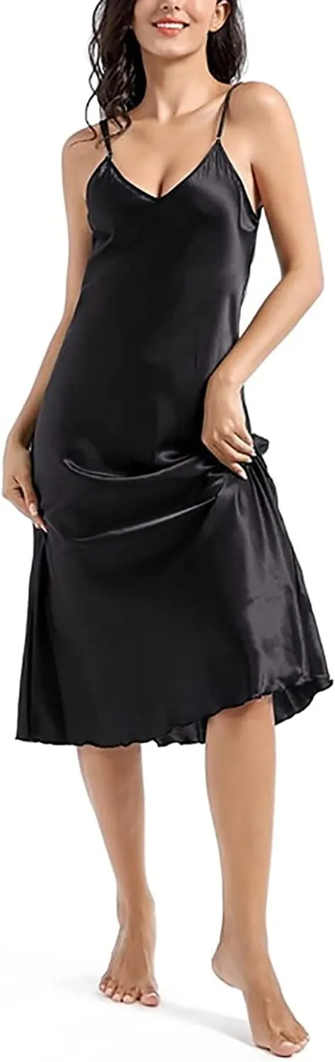 Womens Satin Nightgown Long Slip Sleep Dress Silk V Neck Nightgowns