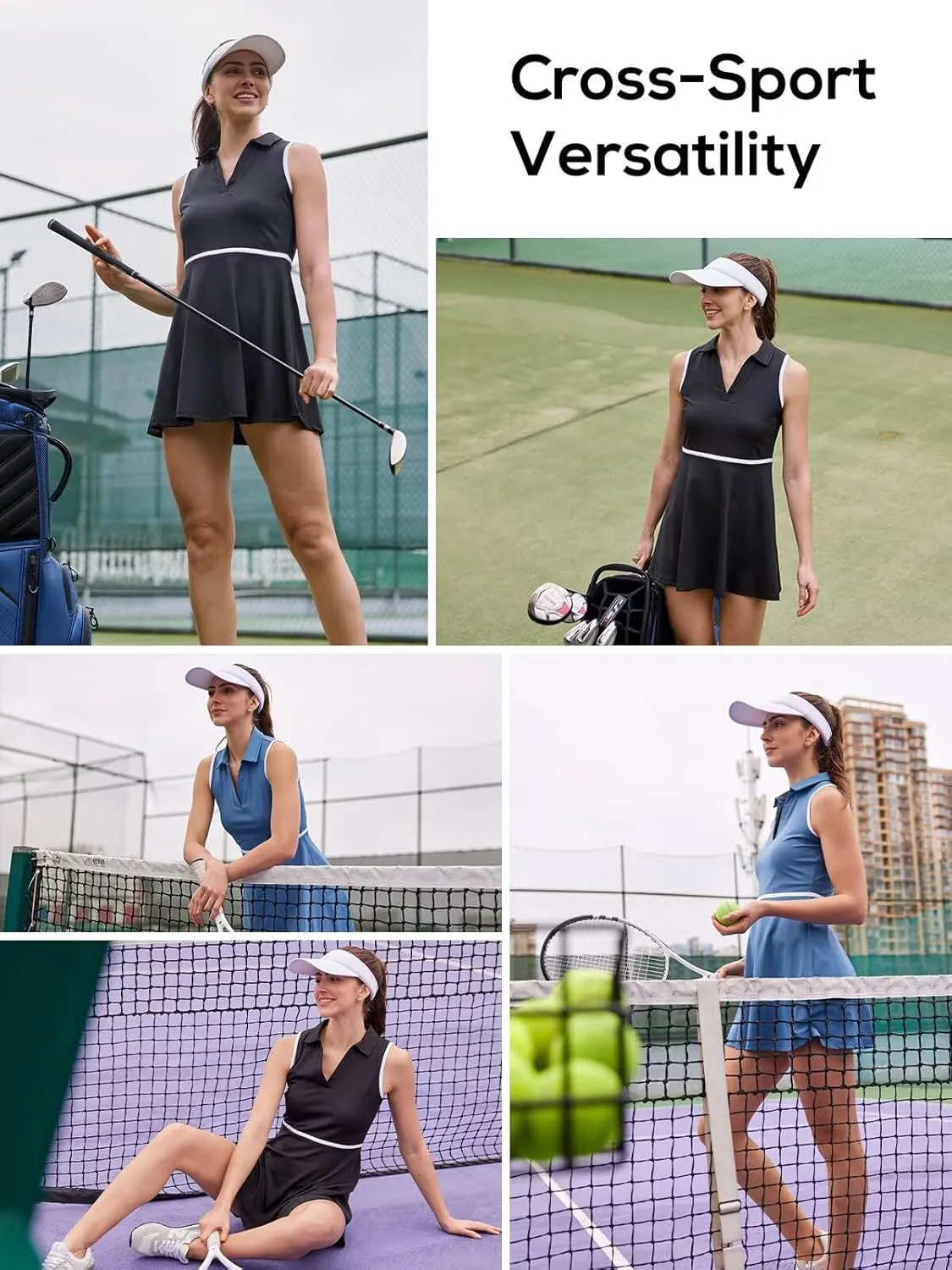 Women's Tennis Dress with Detachable Pocket Shorts, Convertible V-Neck & Polo Collar for Golf Gym