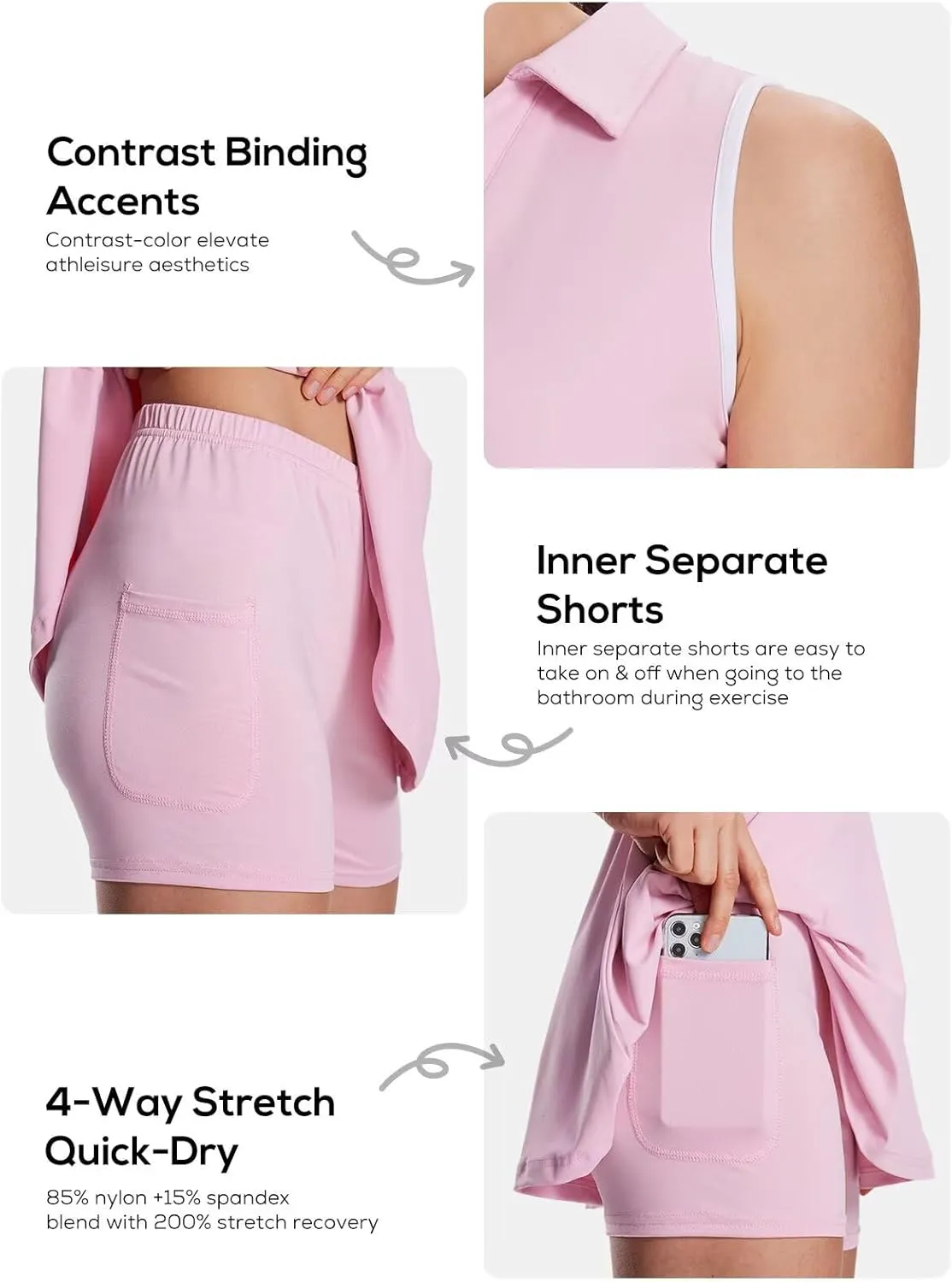 Women's Tennis Dress with Detachable Pocket Shorts, Convertible V-Neck & Polo Collar for Golf Gym