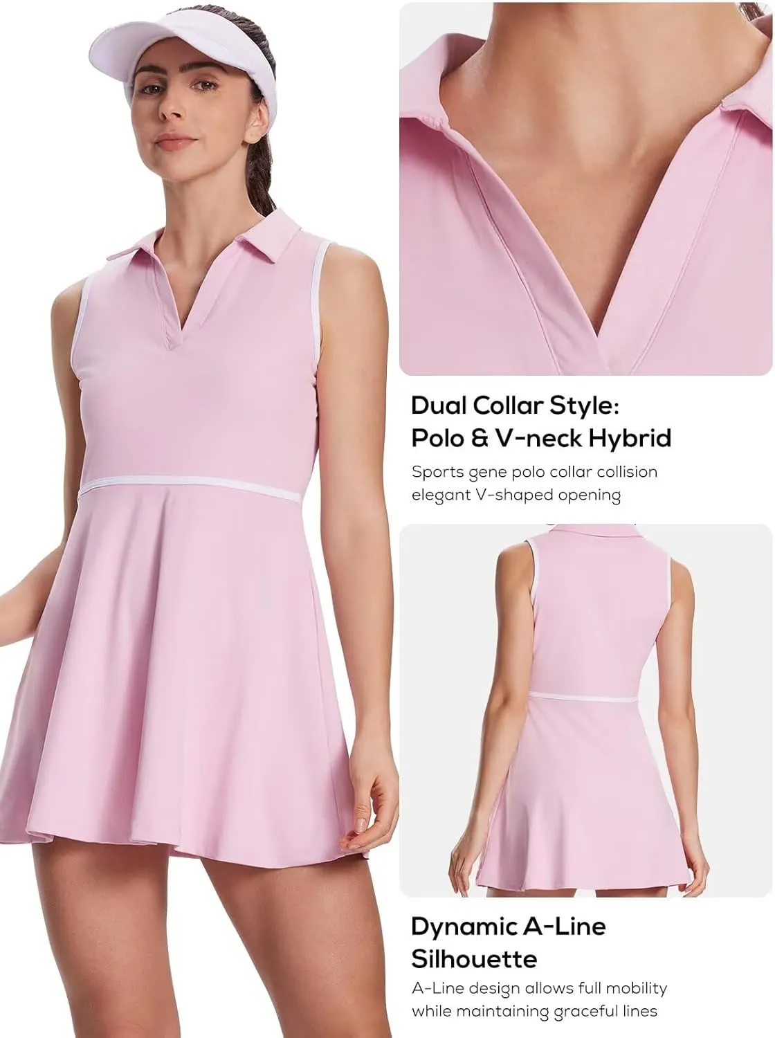 Women's Tennis Dress with Detachable Pocket Shorts, Convertible V-Neck & Polo Collar for Golf Gym