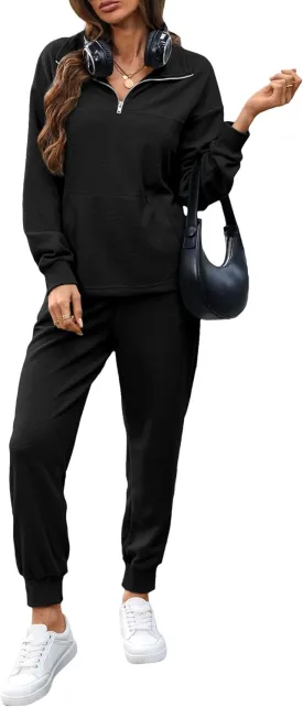 Women's Waffle Knit 2 Piece Outfits Lounge Sets 1/4 Zip Up Pullover Long Sleeve Top Jogger Sweats Track Suits Set