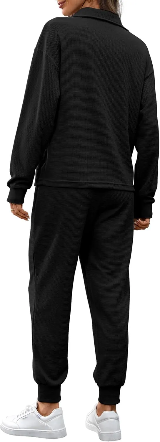 Women's Waffle Knit 2 Piece Outfits Lounge Sets 1/4 Zip Up Pullover Long Sleeve Top Jogger Sweats Track Suits Set