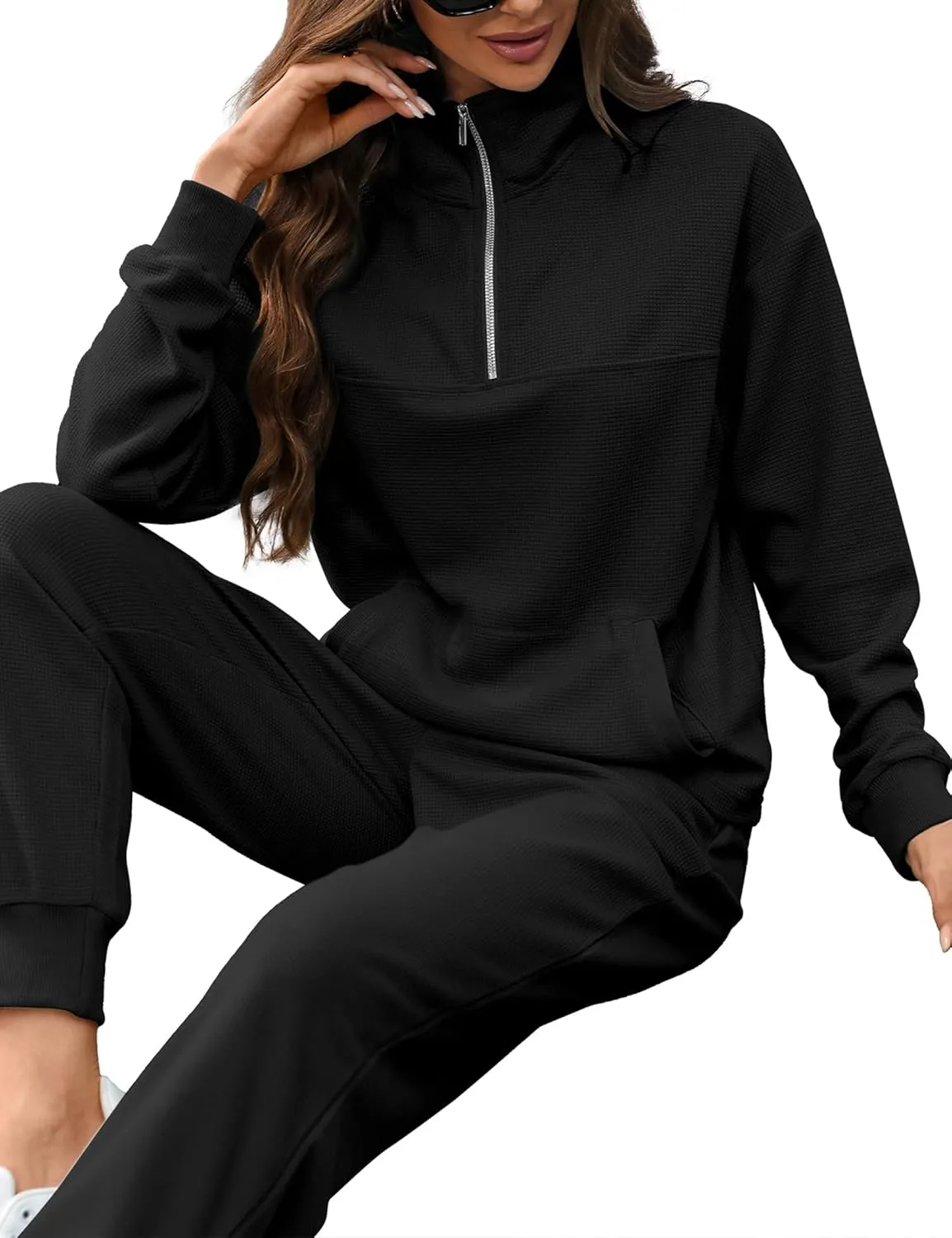 Women's Waffle Knit 2 Piece Outfits Lounge Sets 1/4 Zip Up Pullover Long Sleeve Top Jogger Sweats Track Suits Set