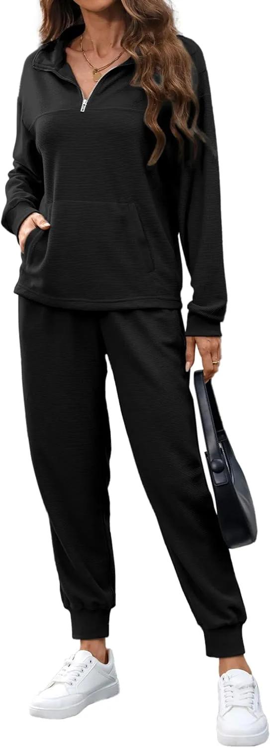 Women's Waffle Knit 2 Piece Outfits Lounge Sets 1/4 Zip Up Pullover Long Sleeve Top Jogger Sweats Track Suits Set