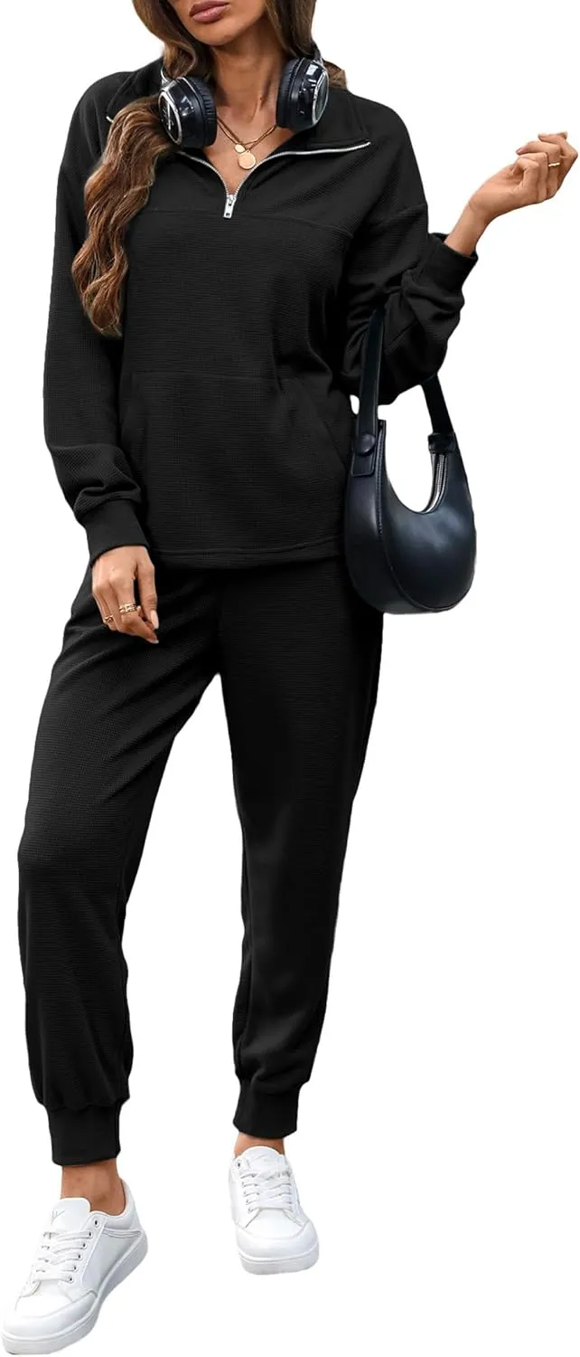 Women's Waffle Knit 2 Piece Outfits Lounge Sets 1/4 Zip Up Pullover Long Sleeve Top Jogger Sweats Track Suits Set
