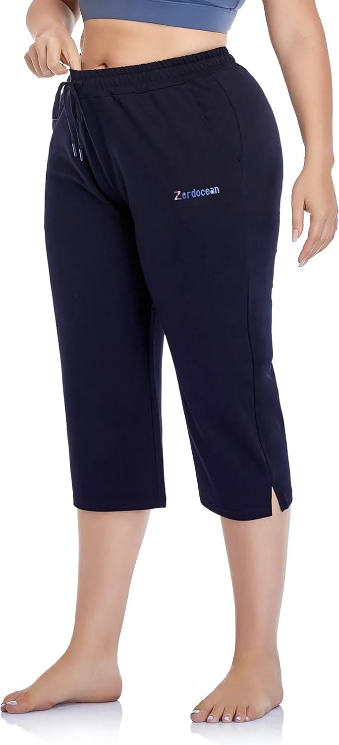 ZERDOCEAN Women's Plus Size Active Yoga Lounge Indoor Jersey Capri Walking Crop Pants with Pockets Drawstring