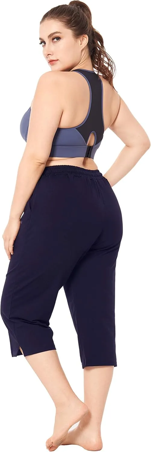 ZERDOCEAN Women's Plus Size Active Yoga Lounge Indoor Jersey Capri Walking Crop Pants with Pockets Drawstring
