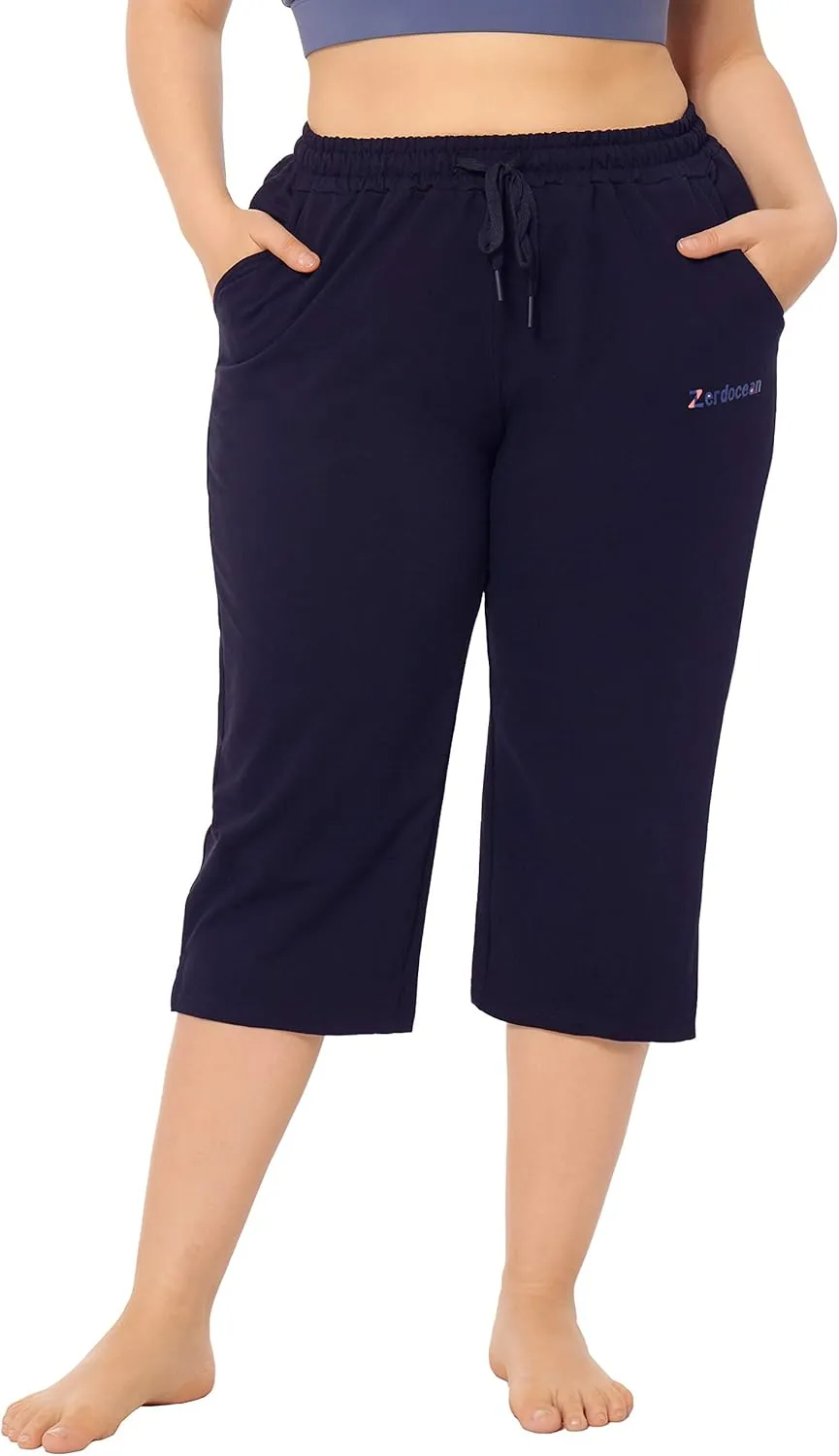 ZERDOCEAN Women's Plus Size Active Yoga Lounge Indoor Jersey Capri Walking Crop Pants with Pockets Drawstring